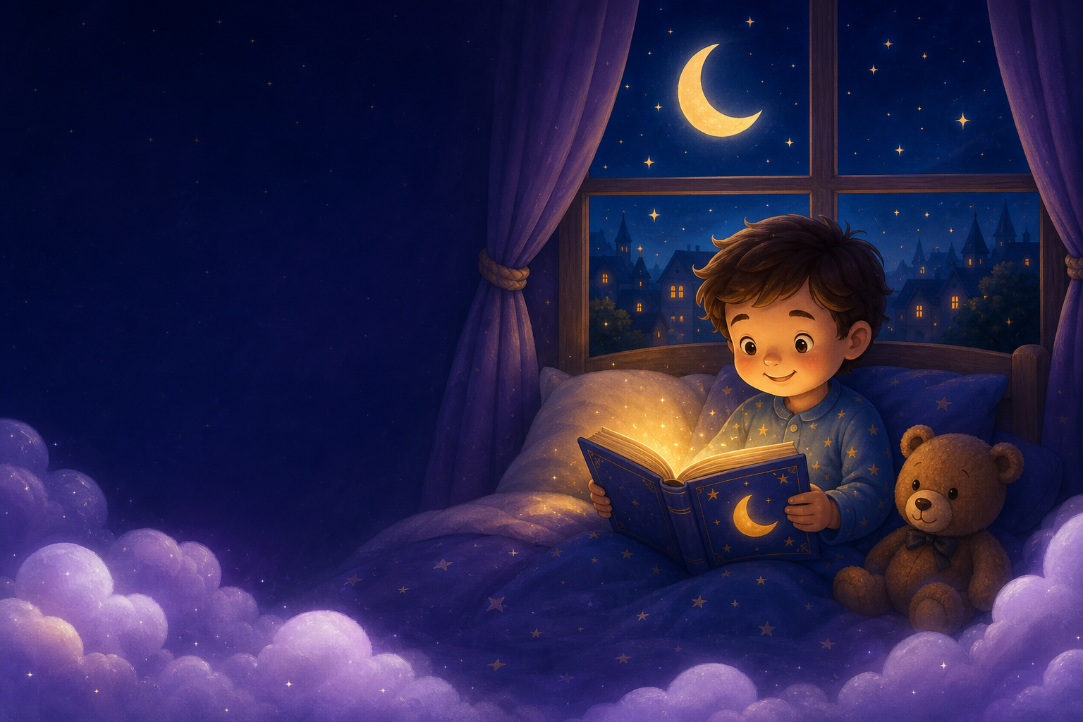 Kind liest ein leuchtendes Märchenbuch im Bett unter dem Mond