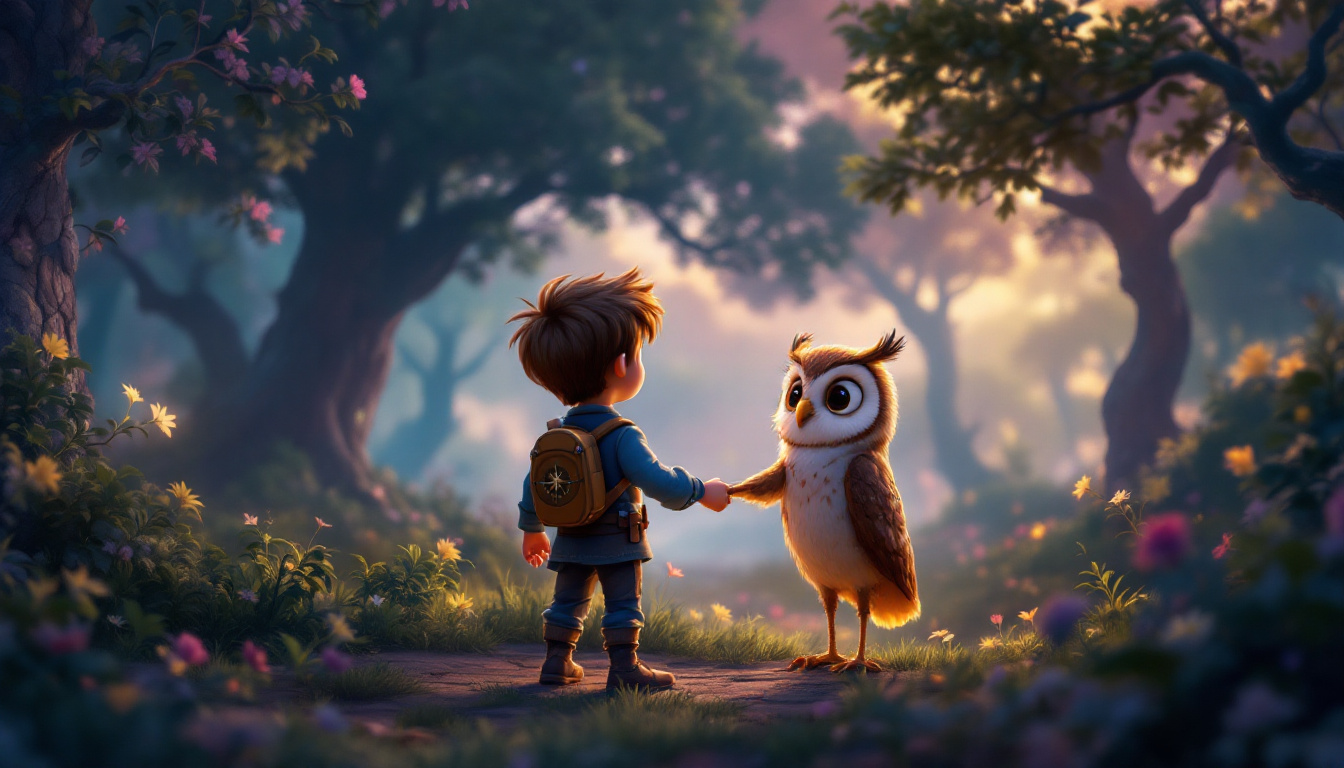 A young boy named Carl standing at the edge of a magical forest at dusk, holding hands with a small talking owl named Lulu. They are about to embark on an adventure, with a glowing compass in Carl's other hand pointing the way. The scene is filled with a sense of wonder and excitement, capturing the moment of decision and the beginning of a journey. Genre: Fantasy Adventure.