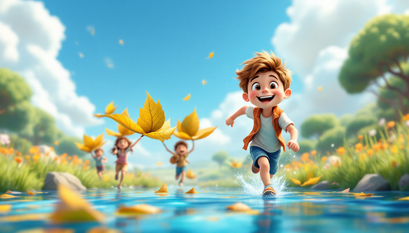 A cheerful young boy, Carl, running joyfully with his friends towards a sunny riverside, carrying handmade leaf boats, in a vibrant and colorful children's storybook style, capturing the essence of friendship and adventure in everyday life.