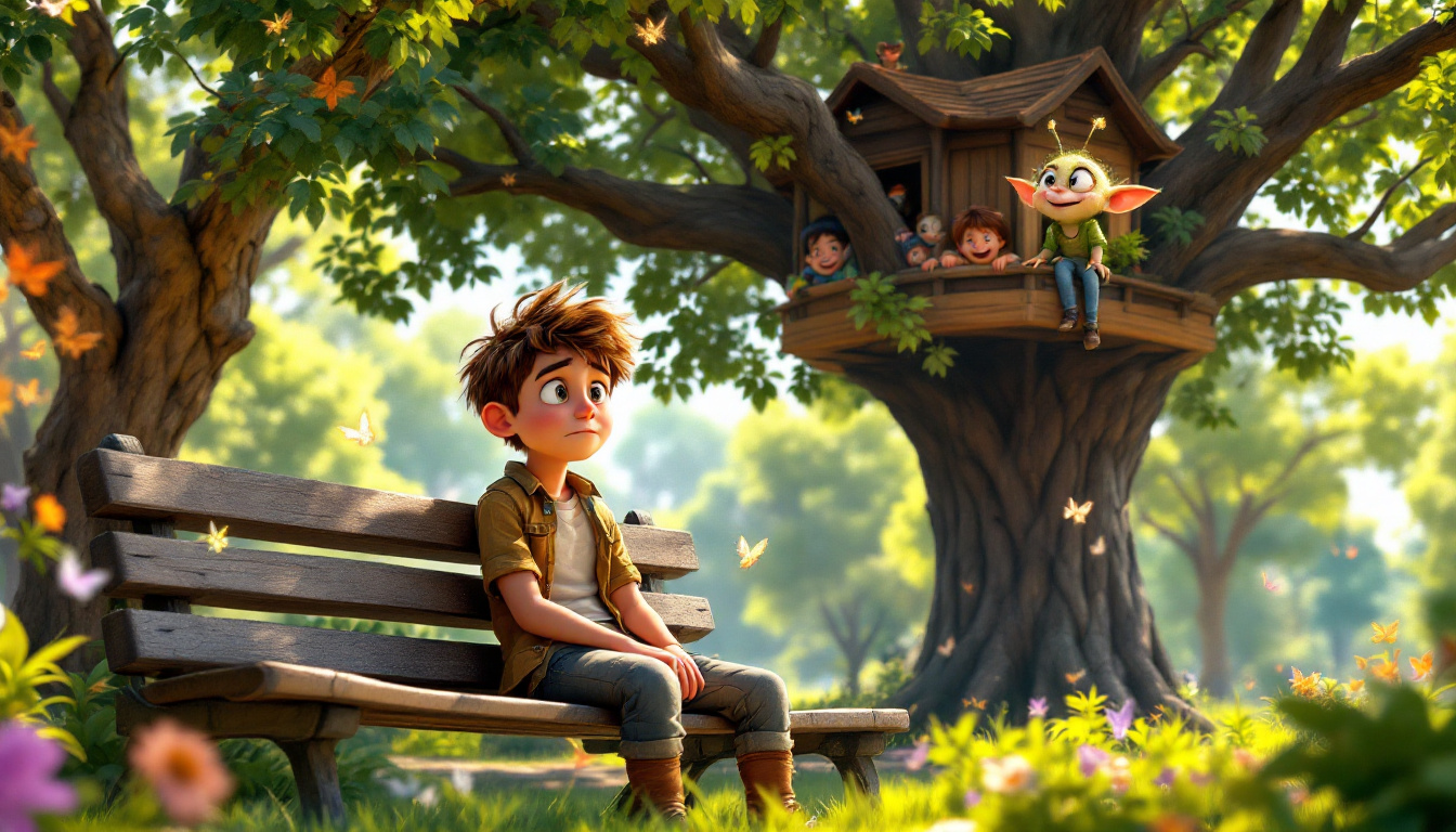 A young boy named Carl sitting on a park bench looking sad, with a small, glittering goblin named Pips sitting on a branch above him, winking. In the background, a treehouse with Carl's friends Leo, Mia and Tim peeking out, laughing. The scene is set in a sunny park with butterflies fluttering around, capturing the moment of realization and adventure. Genre: Children's fantasy adventure.