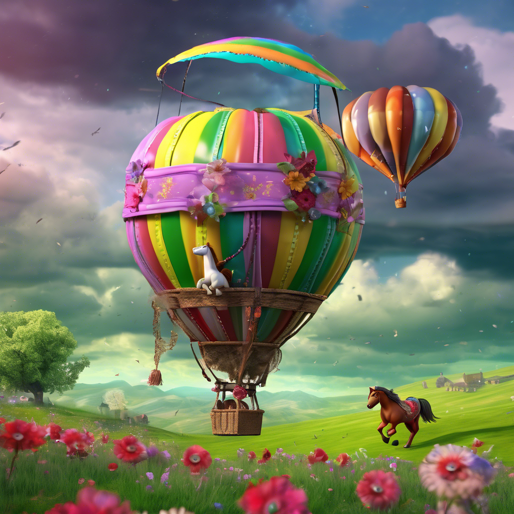 A brave little horse named Rosalie flying in a colorful hot air balloon above green meadows and blooming flowers, with a stormy sky in the background, fantasy genre