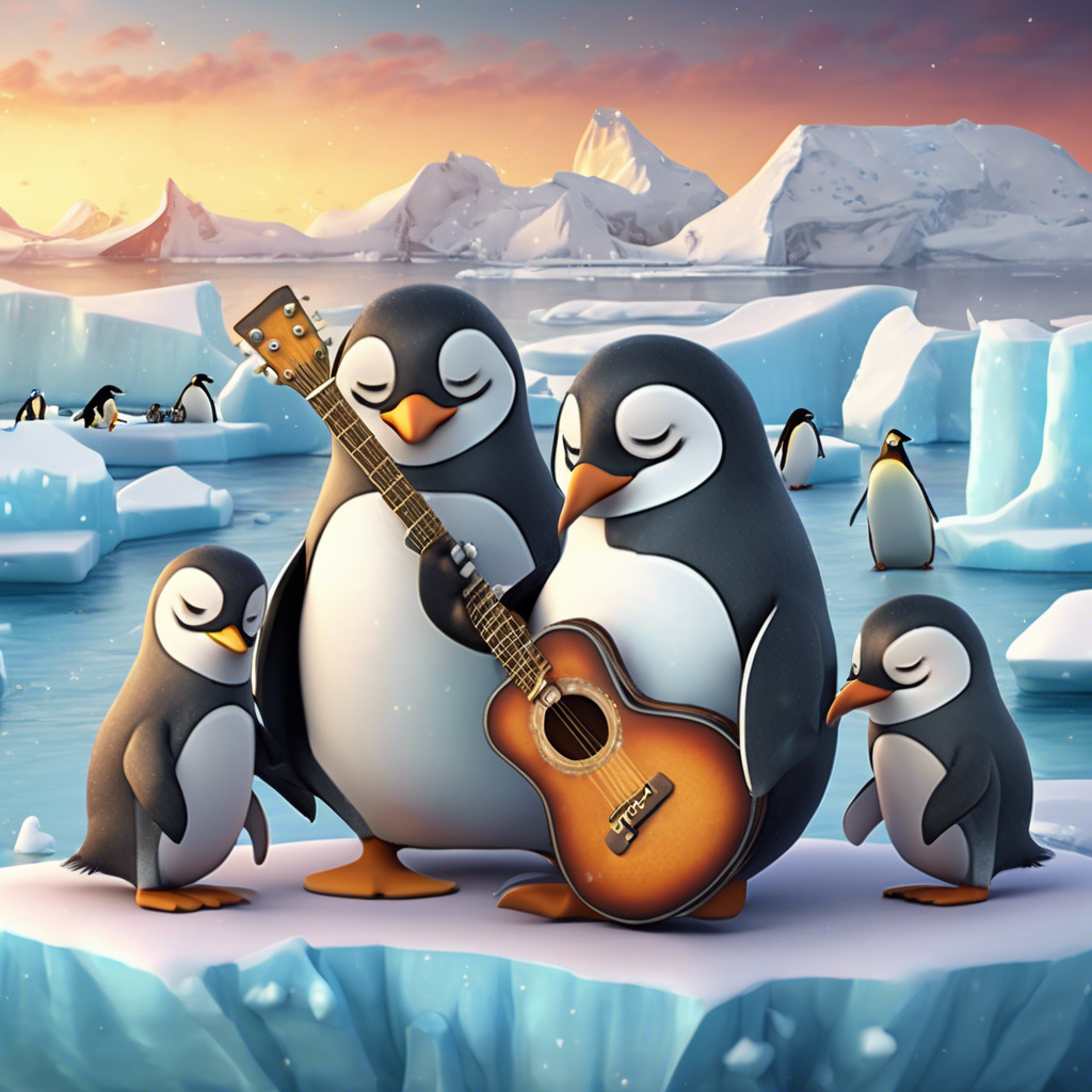 A cute penguin named Zupfi sitting on an ice floe playing a guitar at sunset in the Antarctic, surrounded by listening penguins and a wise old walrus, in a heartwarming children's story style.