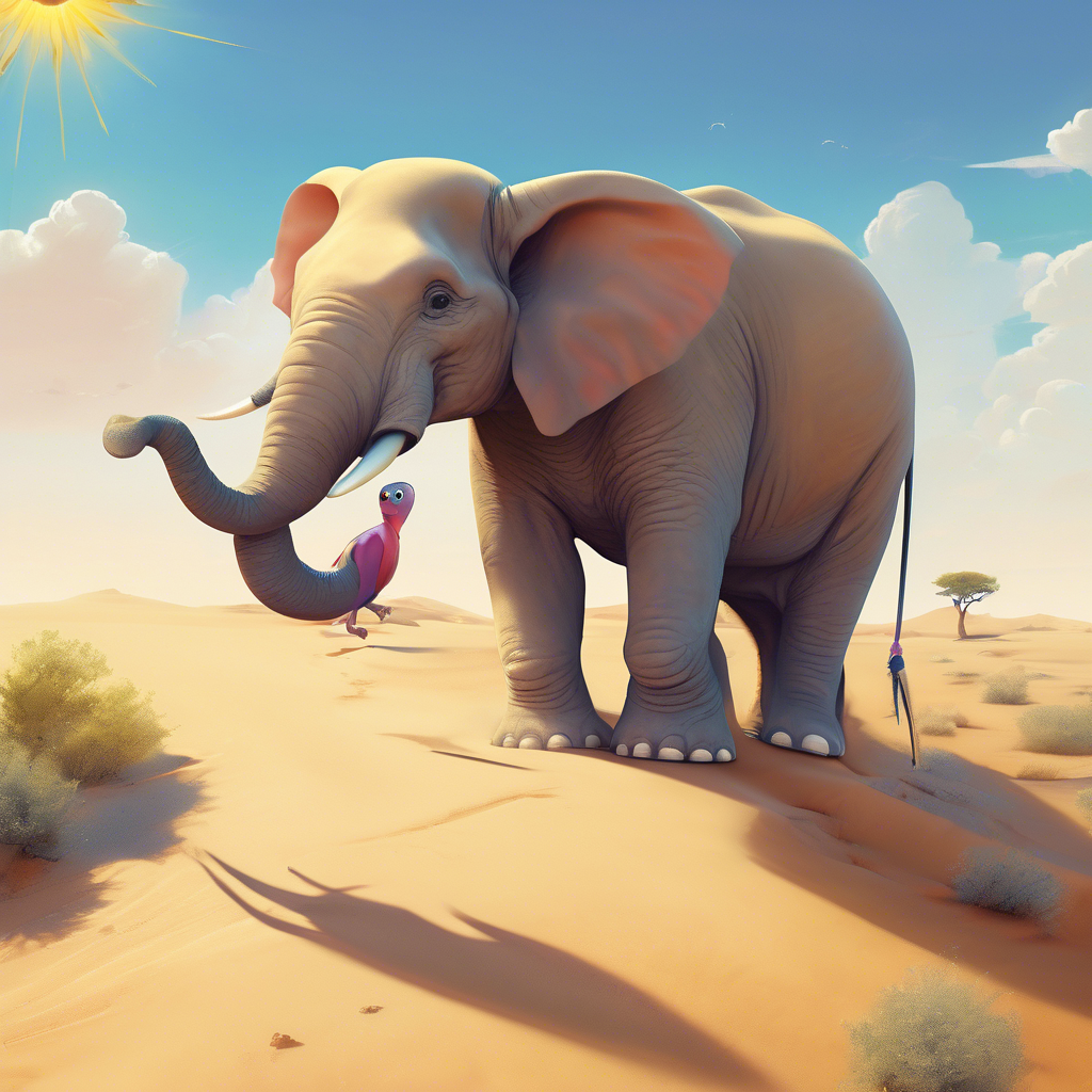 A small colorful bird named Chicco and a large gentle elephant named Remo standing together at the edge of a vast golden desert under a bright sun. The scene captures their determination and friendship as they embark on their journey through the challenging landscape, with sand dunes stretching into the distance and a clear blue sky above. Genre: Adventure.
