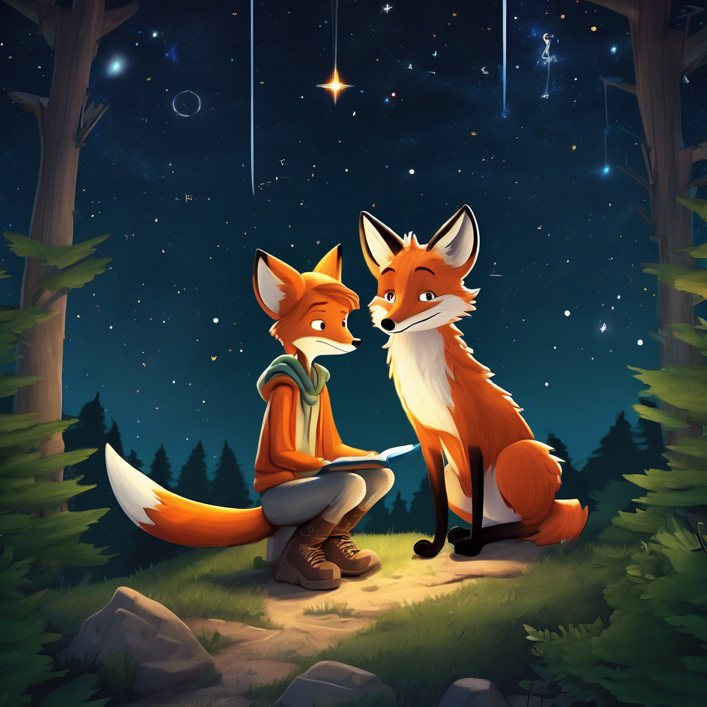 A young boy named Elias and a wise fox named Felix sitting under a starry sky in a dense forest, learning about constellations and navigation. The scene captures the magic of their nighttime adventure with a focus on the stars and the serene atmosphere of the forest. Genre: children's adventure story.